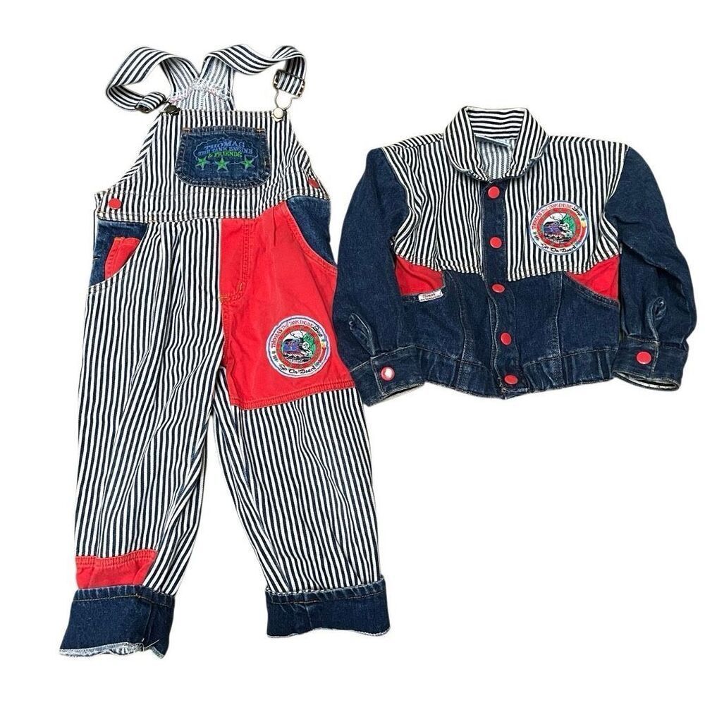 Vintage Thomas the Tank Engine Striped Denim Overall & Jacket‎ Set size 4 RARE